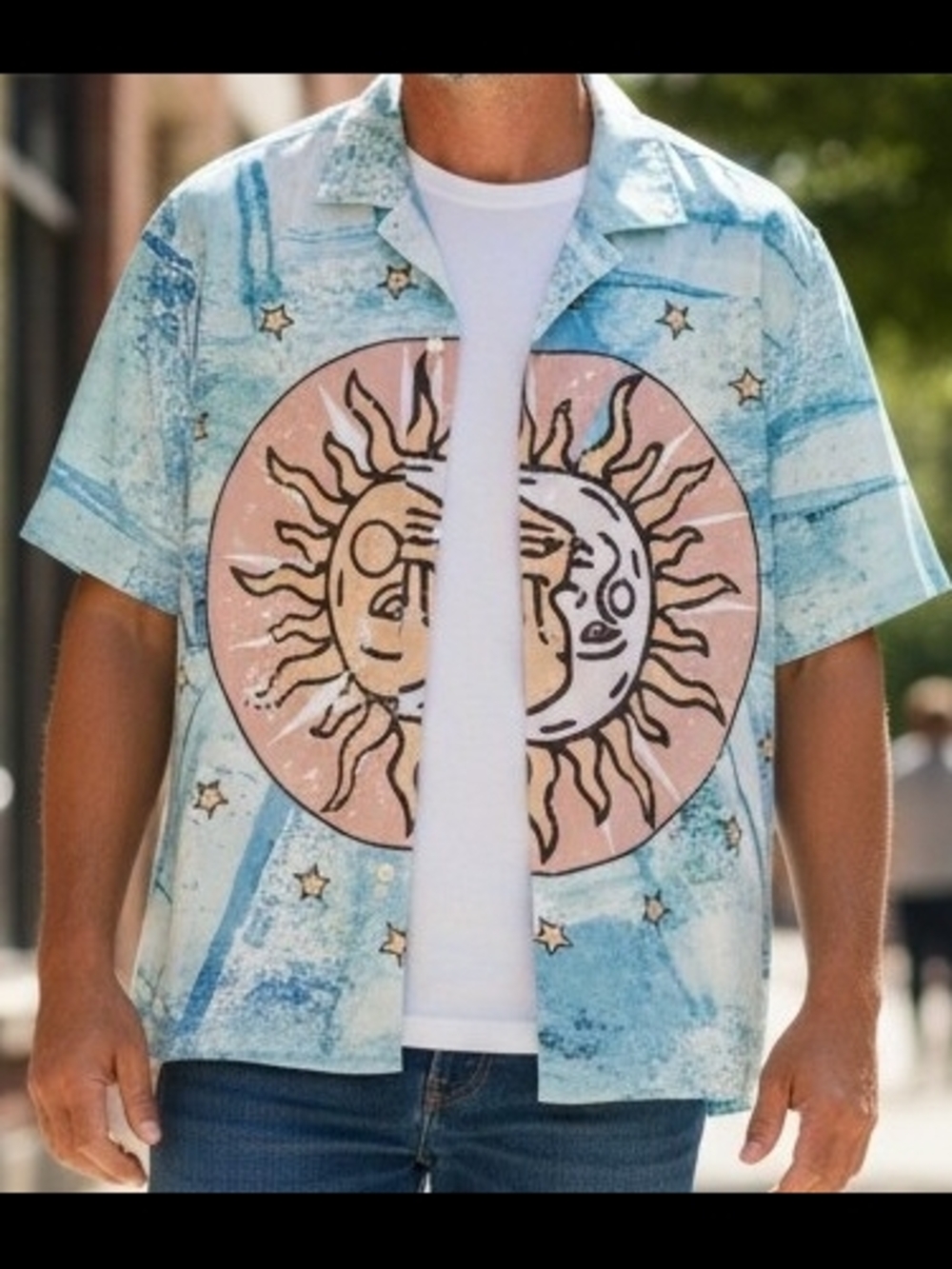 Nova Men Light Blue Sun Moon Short Sleeve Shirt Polyester Blend Large Hawaiian